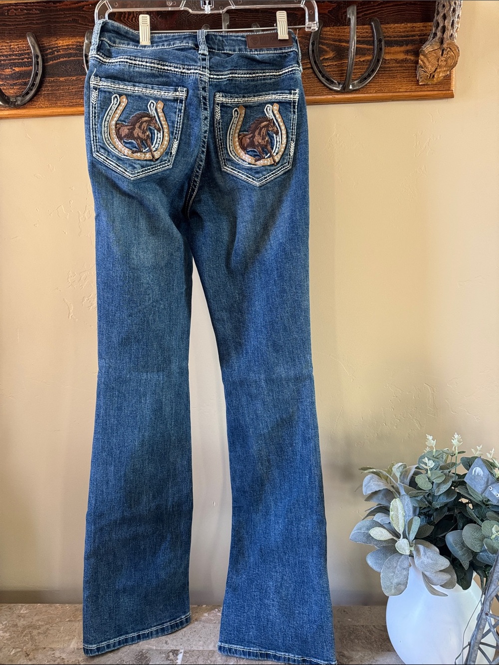 Rock & Roll Denim Horse Embroidered Pocket Flare Jeans - Picture 2 of 9